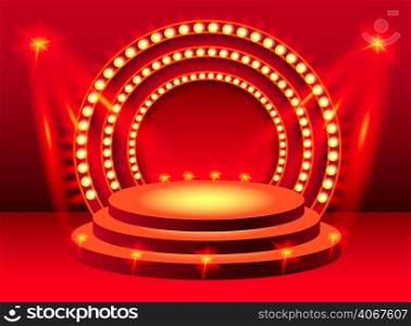 Round red stage podium with lighting. Design element. For banners, posters, leaflets and brochures.
