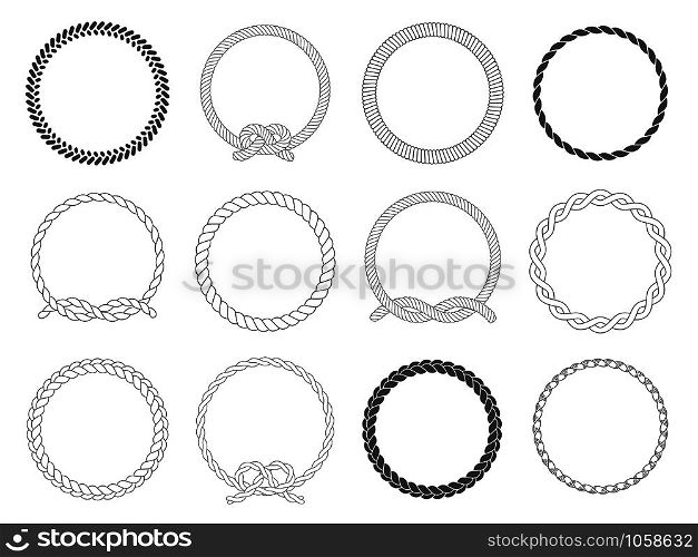 Round rope frame. Circle ropes, rounded border and decorative marine cable frame circles. Rounds cordage knot stamp or nautical twisted knots logo isolated vector icons set. Round rope frame. Circle ropes, rounded border and decorative marine cable frame circles isolated vector set