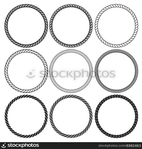 Round rope frames collection on white background. Collection of decorative rounds element. Vector illustration. Round rope frames collection on white background