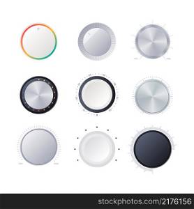 Round scale indicators. Amplifier power volume tuner sound digital radial controller garish vector infographic objects. Illustration scale level, equipment button circle. Round scale indicators. Amplifier power volume tuner sound digital radial controller garish vector infographic objects