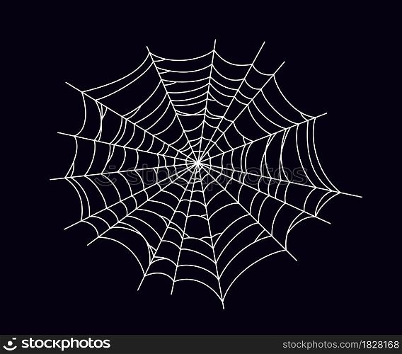 Round scary spider web. White cobweb silhouette isolated on black background. Hand drawn spider web for Halloween party. Vector illustration.. Round scary spider web. White cobweb silhouette isolated on black background. Hand drawn spider web for Halloween party. Vector illustration
