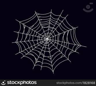 Round scary spider web. White cobweb silhouette isolated on black background. Hand drawn spider web for Halloween party. Vector illustration.. Round scary spider web. White cobweb silhouette isolated on black background. Hand drawn spider web for Halloween party. Vector illustration