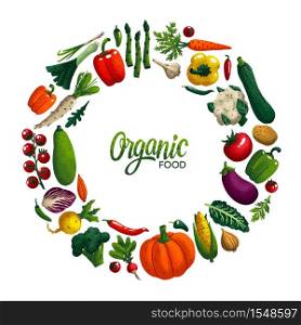 Round shape frame with Vegetables. Variety of decorative vegetables with grain texture isolated on white. Organic food round composition for restaurant menu, market label. Vector illustration. Round shape frame with Vegetables. Variety of decorative vegetables with grain texture isolated on white. Organic food round composition for restaurant menu, market label. Vector illustration.