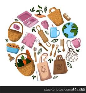 Round shape of elements. Zero waste concept - eco bags, cups. Ecological problem of plastic trash and pollution. Reusable eco materials - bamboo, textile, wood. Environmental Protection. Vector flat. Nature Ecology Pollution