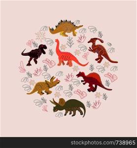 Round shape with colourful dinosaurs. Cute clip art with copyspace. Greeting card, poster design element. . Round shape with colourful dinosaurs