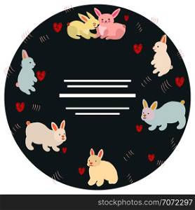 Round shape with cute easter bunnies, red hearts and space for your text. Black circle on white background. Poster vector design. Vector illustration.. Easter bunnies circle with text.