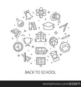 Round shape with school symbols. Symbols and pictures of science. Vector back school, education chemistry, study mathematical illustration. Round shape with school symbols. Symbols and pictures of science