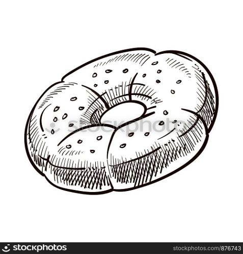 Round shaped sweet dessert cookie monochrome sketch outline. Circle with hole, flavoring on top sesame on dough. Baked traditional confectionery meal. Sugary snack isolated on vector illustration. Round shaped sweet dessert cookie monochrome sketch vector illustration