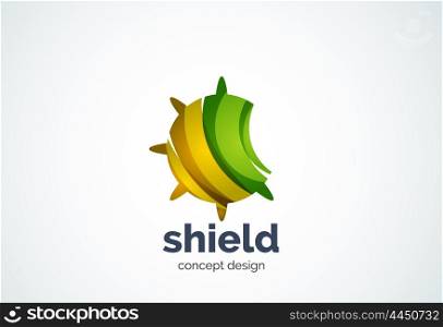 Round shield logo template, security or safe concept - geometric minimal style, created with overlapping curve elements and waves. Corporate identity emblem, abstract business company branding element