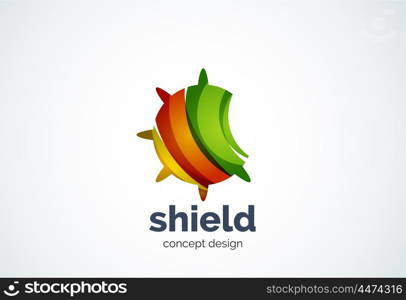 Round shield logo template, security or safe concept - geometric minimal style, created with overlapping curve elements and waves. Corporate identity emblem, abstract business company branding element