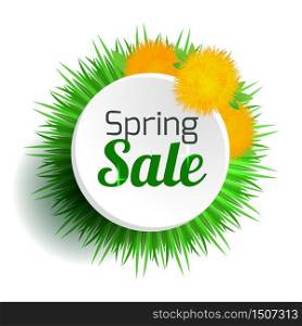 Round spring banner with grass and dandelions. Spring sale. Discounts. Vector element for your design. Round spring banner with grass and dandelions. Spring sale.