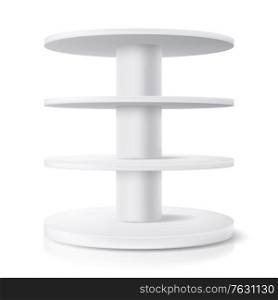 Round stand, shop display shelf and product rack showcase, isolated realistic vector mockup. Supermarket round stand or store POS rotating display, 3D white model. Round stand, shop display shelf isolated realistic
