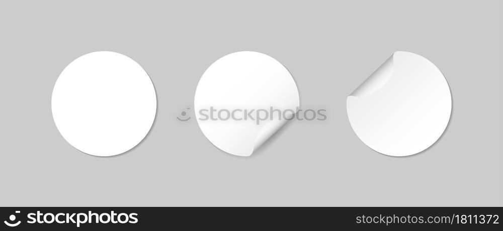 Round sticker with adhesive and curved corner. Mockup of paper circle label with bent edge. White mock up with shadow isolated on transparent background. Icon for sale, price, badge, discount. Vector.. Round sticker with adhesive and curved corner. Mockup of paper circle label with bent edge. White mock up with shadow isolated on transparent background. Icon for sale, price, badge, discount. Vector