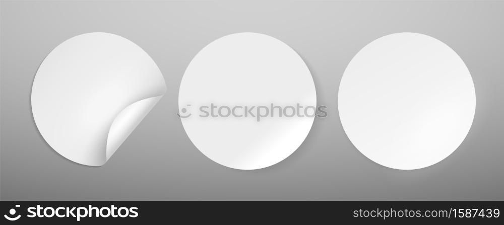 Round stickers mockup. Adhesive white blank circle labels with curved corner and straight promotion collection, empty paper or plastic sticky emblem template with shadows vector isolated realistic set. Round stickers mockup. Adhesive white blank circle labels with curved corner and straight collection, empty paper or plastic emblem template with shadows vector isolated realistic set