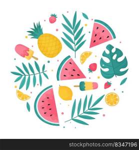 Round summer composition of tropical leaves, summer fruits, watermelons and ice cream. Vector illustration in a flat style. Isolated on white background. Perfect for a summer print, postcard or banner.. Round summer composition of tropical leaves, summer fruits, watermelons and ice cream.