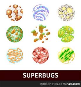 Round superbugs realistic set with various bacteria and microbes isolated vector illustration . Superbugs Realistic Set