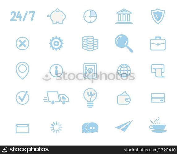 Round-The-Clock Company, Goods Delivery and Logistics, Web Banking Services, Digital Payment, Online Shopping, Business Communication Blue, Line Art Icons, Pictograms Set Isolated on White Background