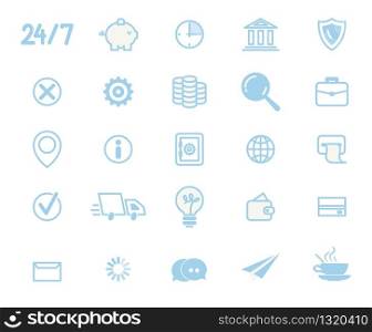 Round-The-Clock Company, Goods Delivery and Logistics, Web Banking Services, Digital Payment, Online Shopping, Business Communication Blue, Line Art Icons, Pictograms Set Isolated on White Background