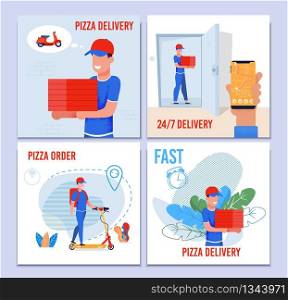 Round the Clock Pizza Fast Delivery Service Set. Cartoon Man Courier with Cupboard Box Using Eco-Friendly High Speed Electric Scooter or Moped for Conveyance. Mobile App for Order. Vector Illustration. Round the Clock Pizza Fast Delivery Service Set