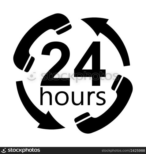 Round the clock service support working, vector black icon handset arrows 24 hours a day, round clock support service