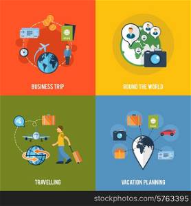 Round the world business trip vacation traveling route planning 4 flat icons composition abstract isolated vector illustration