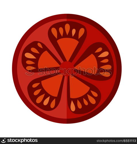 Round tomato slice isolated. Editable element for your design. Grocery store assortment, healthy nutrition. For icons, ad, infographics. Vegetables ingredient for dishes. Vector in flat style.. Round Tomato Slice Isolated. Editable Element