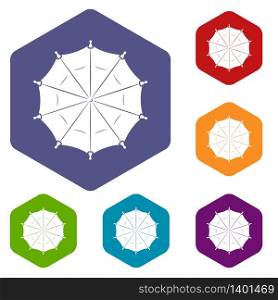 Round umbrella icons vector colorful hexahedron set collection isolated on white. Round umbrella icons vector hexahedron