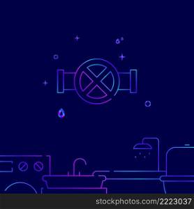 Round valve on pipe gradient line vector icon, simple illustration on a dark blue background, Plumbing related bottom border.. Round valve on pipe gradient line icon, vector illustration