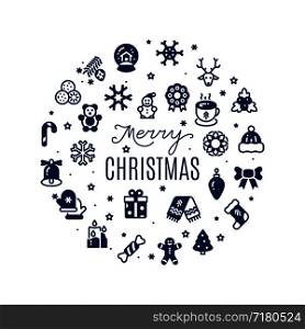Round vector banner Merry Christmas with festive icons silhouettes isolated on white background illustration. Round vector banner Merry Christmas with festive icons silhouettes
