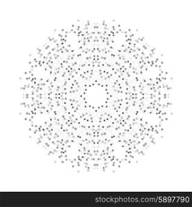 Round vector shape, molecular construction with connected lines and dots, scientific or digital design pattern isolated on white.