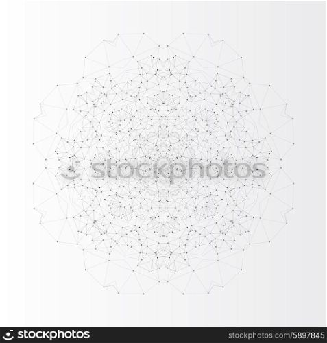 Round vector shape, molecular construction with connected lines and dots, scientific or digital design pattern isolated on gray.