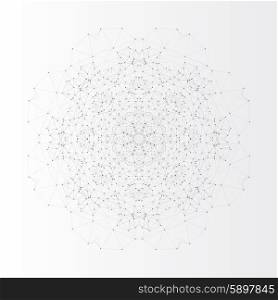 Round vector shape, molecular construction with connected lines and dots, scientific or digital design pattern isolated on gray.