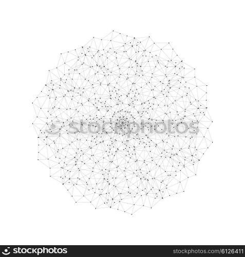 Round vector shape, molecular construction with connected lines and dots, scientific or digital design pattern isolated on white.