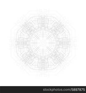 Round vector shape, technical construction with connected lines and dots, digital design pattern isolated on white.
