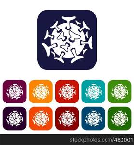 Round viral bacteria icons set vector illustration in flat style in colors red, blue, green, and other. Round viral bacteria icons set