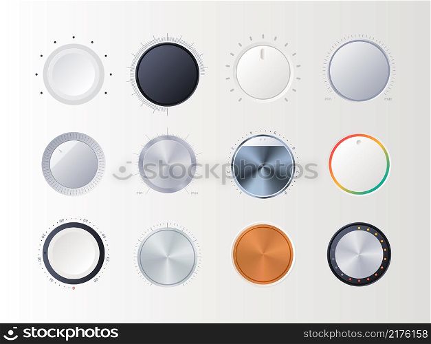 Round volume controllers. Radial amplifier indicators digital sound music tuner items garish vector collections. Illustration button and sound control, level panel controller. Round volume controllers. Radial amplifier indicators digital sound music tuner items garish vector collections