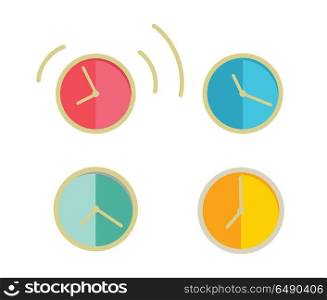 Round Wall Clock Set. Classic round wall clock with color bodies. Wall clock icons set. Mechanical clock. Office workplace design element. Isolated object on white background. Vector illustration.