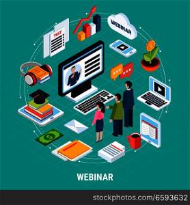 Round Webinar isometric composition with isolated elements of study and e learning vector illustration. Round Webinar Isometric Composition