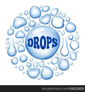 Round wet water drops isolated on white background. Vector illustration with huge different shaped liquid blobs altogether forming big circle. Round Wet Water Drops Vector Illustration