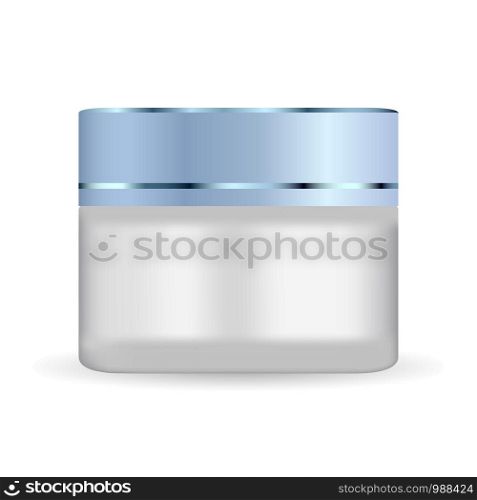 Round white matt glass jar with plastic lid for cosmetics - body cream, butter, scrub, bath salt, gel, skin care, powder. Realistic 3d packaging mockup template.. Round white matt glass jar with plastic lid
