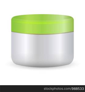Round white plastic jar with green lid for cosmetics - body cream, butter, scrub, bath salt, gel, skin care, powder. EPS10. Realistic packaging mockup template.. Round white plastic jar with green lid. ?osmetics