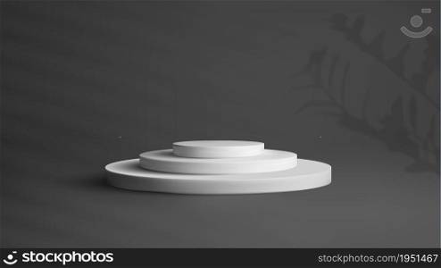 Round white podium in black interrior. Award winner Platform studio. 3d Vector stage with shadow overlay effect.. Round white podium in black interrior. Award winner Platform studio. 3d Vector stage with shadow overlay effect. Nature background vector with realistic soft shade trendy floral design.