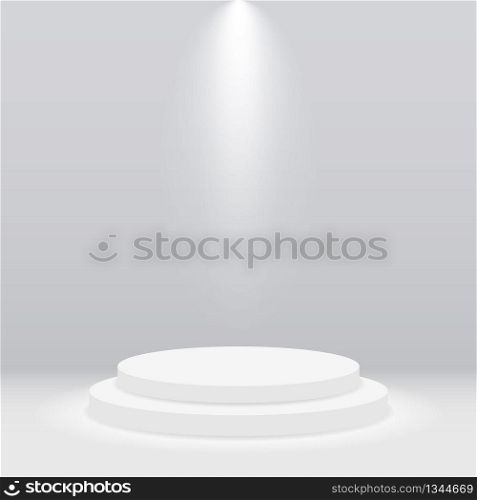 Round white podium, pedestal or platform illuminated by spotlight on gray background. Empty stage with scenic light. Scene and stand for show, presentation, award ceremony, concert and party. Vector.. Round white podium, pedestal or platform illuminated by spotlight on gray background. Empty stage with scenic light. Scene and stand for show, presentation, award ceremony, concert and party. Vector