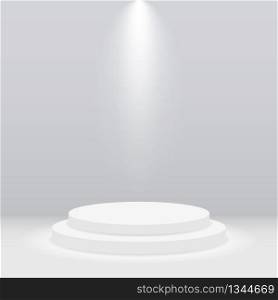 Round white podium, pedestal or platform illuminated by spotlight on gray background. Empty stage with scenic light. Scene and stand for show, presentation, award ceremony, concert and party. Vector.. Round white podium, pedestal or platform illuminated by spotlight on gray background. Empty stage with scenic light. Scene and stand for show, presentation, award ceremony, concert and party. Vector