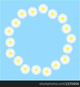 Round wreath daisies on blue background. Circular flower frame isolated object. Circle white spring and summer flowers vector illustration. Round wreath daisies on blue background