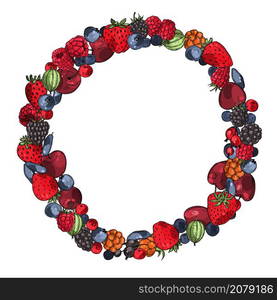 Round wreath of forest and garden berries on a white background.Vector sketch illustration. Round wreath of forest and garden berries on a white background.