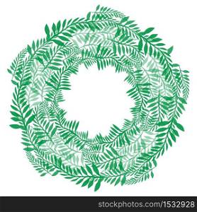 Round wreath of green branches. Frame of fern for invitation cards, postcards and your design. Round wreath of green branches. Frame of fern