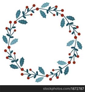 Round wreath with blue frosty leaves and red berries. Winter botanical circular frame. Beautiful template for a postcard or greetings, vector illustration.. Round wreath with blue frosty leaves and red berries.