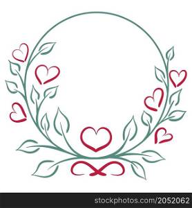 Round wreath with leaves and hearts isolated vector illustration. Circular leafy frame. Template with greenery for greeting cards, invitations or recognition. Round wreath with leaves and hearts isolated vector illustration