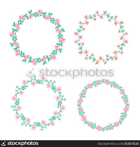 Round wreaths with spring and summer flowers set. Bunch floral template for postcards. Round frame for inscription with greenery. Vector illustration botanical and floral rim elements. Round wreaths with spring and summer flowers set